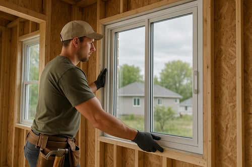 Professional contractor installing Crystal Windows in a new construction project, showcasing our high-quality vinyl and aluminum windows with clean lines and modern design