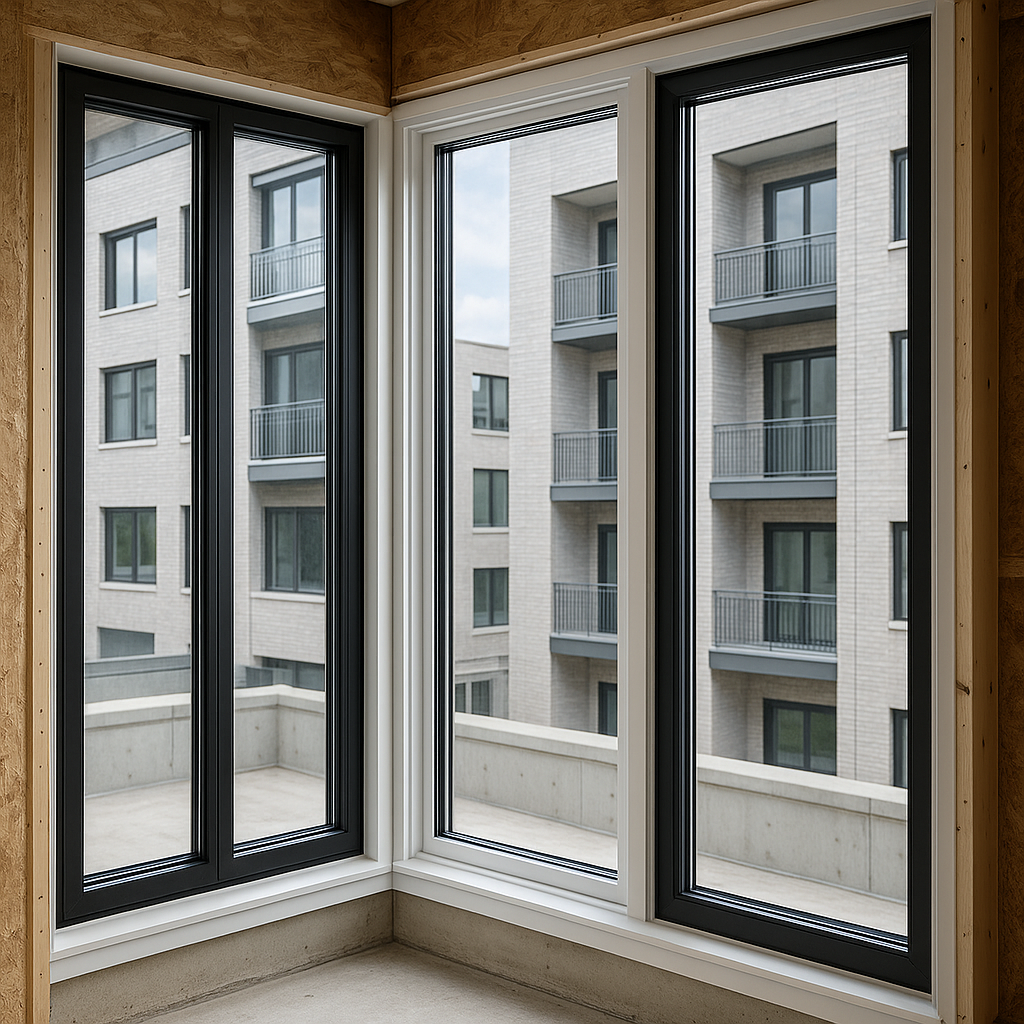 Professional-grade vinyl and aluminum windows from Crystal Windows and Doors displayed in modern construction application, showing clean lines and precision installation